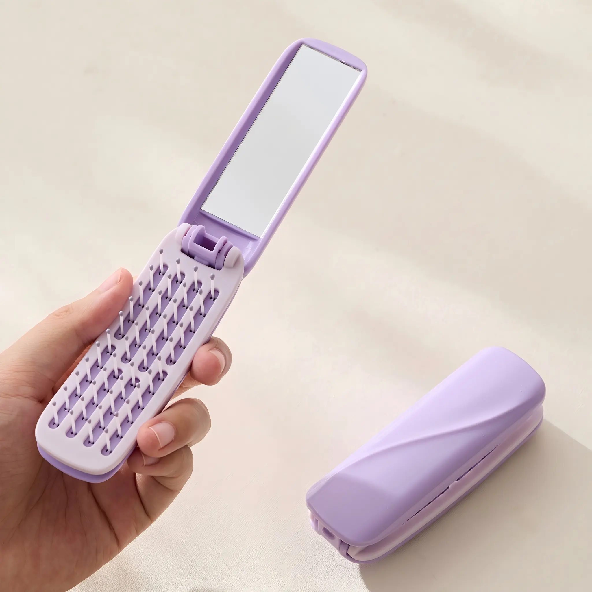 Folding Travel Hairbrush With Mirror - Compact Plastic Self Cleaning Detangling For On The Go Practical Grooming Gift For Women