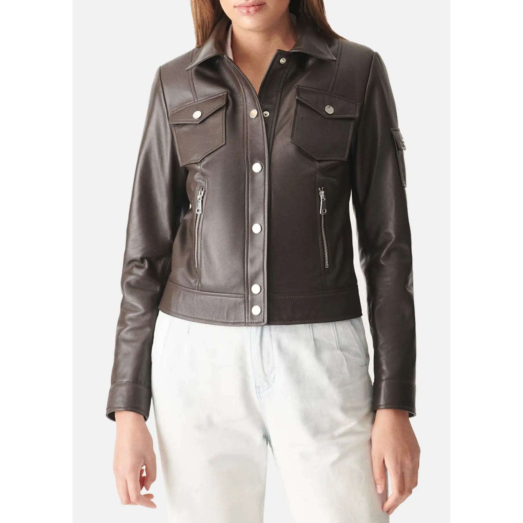 Womens Dark Brown Sports Biker Leather Jacket