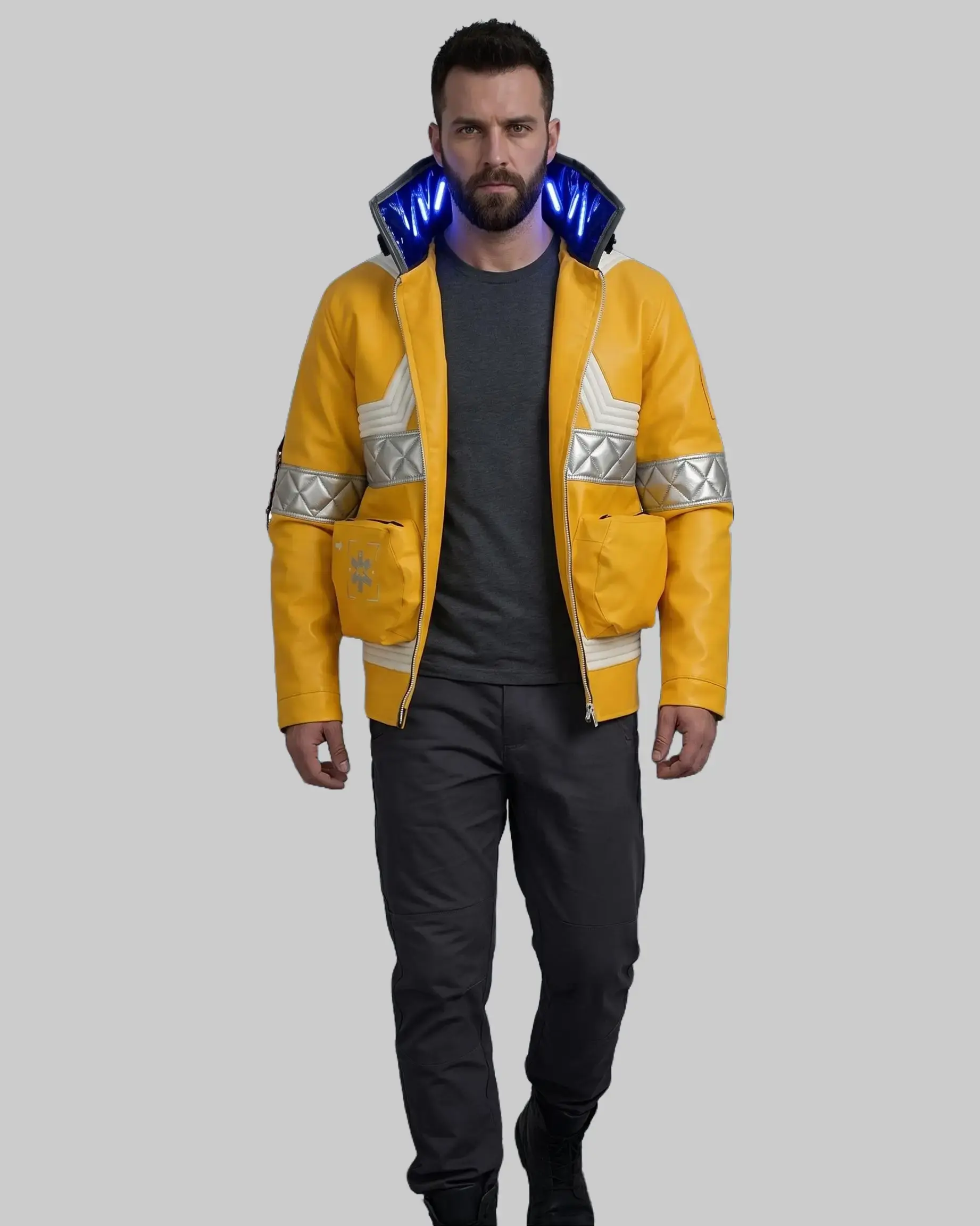 Q*Leather Anime Cyberpunk Edgerunners David Martinez Cosplay Costume Stand Collar Neon Yellow Jacket Hoodie Zipper Coat Punk Adult Men Halloween Vegan Leather Jacket Personalized Jacket David Martinez Cosplay Anime Cosplay Outfit Padded Stripes