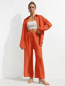 Women's Multi-Use Solid Color Long Sleeve Button-Up Top and Wide Leg Pants Set Fit, Comfortable Home Wear, Casual Daily Dress
