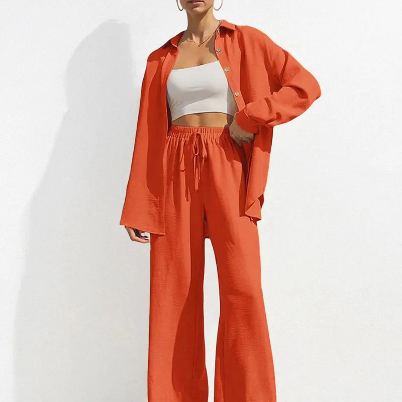 Women's Solid-Color Long-Sleeve Button-Up Top and Wide-Leg Pants Set, Top and Bottoms, Versatile Comfortable Home Wear, Casual Daily Wear, Clothes