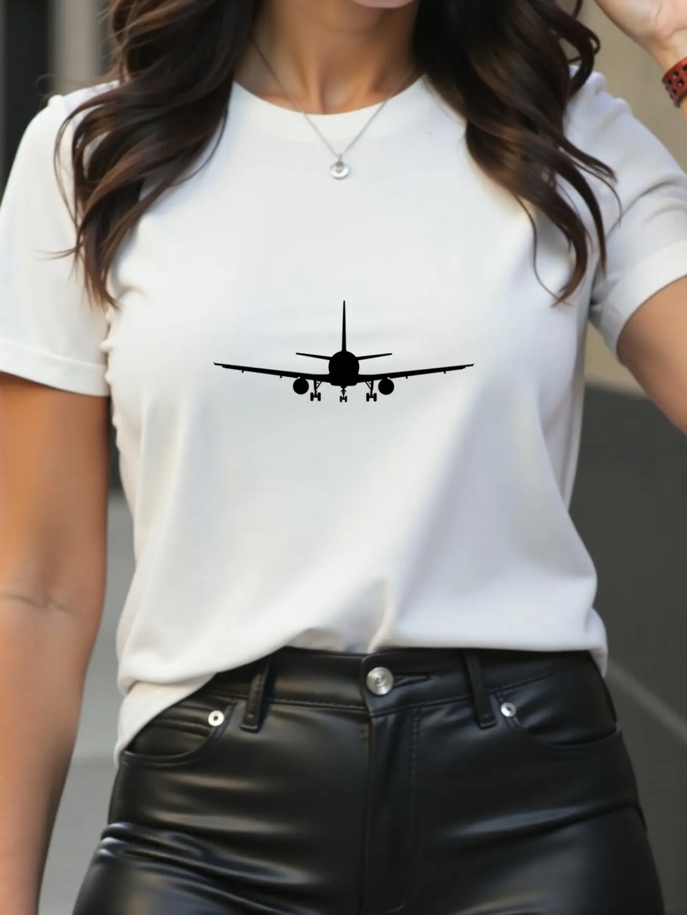 Womens Airplane Graphic T-Shirt, Minimalist Aviation Plane Silhouette Tee, Travel Lover Short Sleeve Shirt, Casual Pilot Flight Gift Top