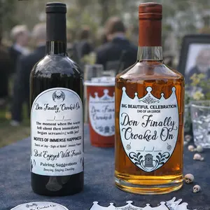 Don Finally Croaked On Wine & Liquor Bottle Stickers 4-Pack | Crown + Tombstone Bottle Labels | Big Beautiful Obituary Party Decor | Stickers Only