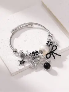 1pc Elegant Crystal & Faux Pearl Charm Kitty Bow Beaded Stainless Steel Bracelet, Suitable For Women Party Jewelry Gift Valentines,Mom,Mother,Mother's Day,Gift Adjustable Slider Bracelets