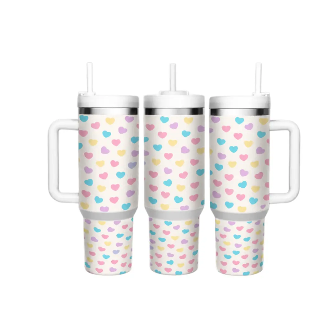 40oz Heart Pattern Tumbler with Handle, 304 Stainless Steel Insulated Travel Cup for Women Girls, Colorful Pastel Love Print Water Bottle with Straw Lid, Large Capacity Coffee Mug for Office School Gym Birthday Valentine's Day Gift