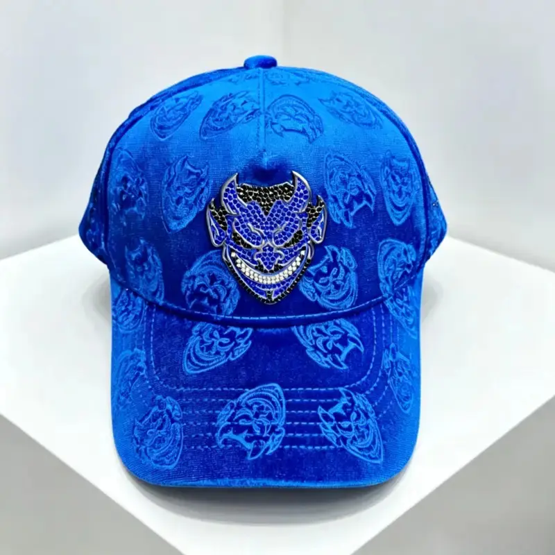 Limited Edition Barbas Hats x Chucky Velvet Snapback Hat – Rhinestone Ghost & Diablo Demon Emblem, Adjustable Unisex Streetwear Baseball Cap