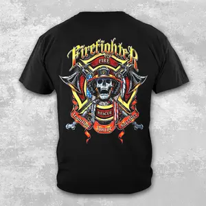 Firefighter Skull "Tradition Honor Sacrifice" T-Shirt, Retired Fire Dept Station Apparel, Proud Fireman Gift, Firefighter Axe & Helmet Graphic Tee, Men's Black Short Sleeve Cotton Shirt, Hero First Responder Uniform Tribute Clothing