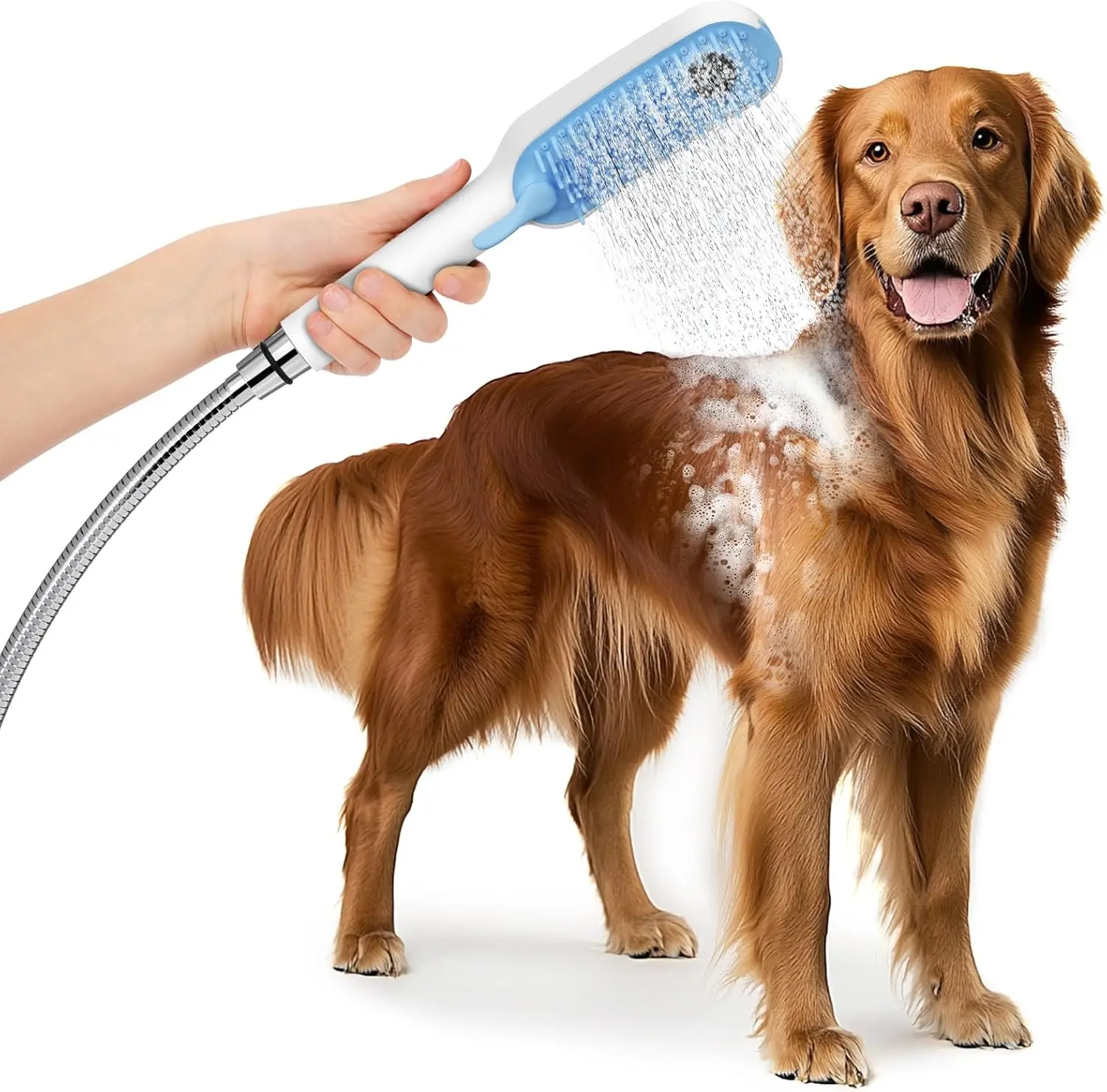 Dog Shower Attachment for Thick Haired Dogs,  Spray Mode Pet Bath Sprayer with Stainless Steel Diverter Valve & .Foot Hose, Indoor & Outdoor Dog Washing Grooming Supplies, Blue/White