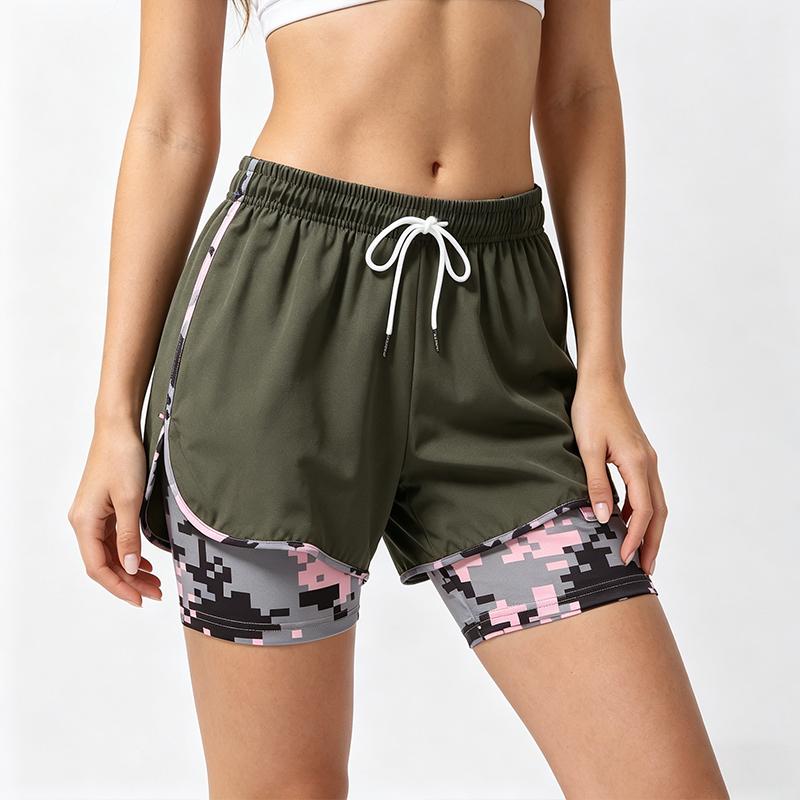 New women’s 2-in-1 casual running shorts with camouflage lining, fitness training shorts with pockets