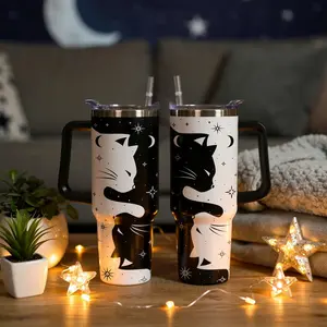 Yin Yang Cat 40oz Tumbler with Handle, Black White Moon Star Design, Insulated Stainless Steel Cute Cat Lover Gift