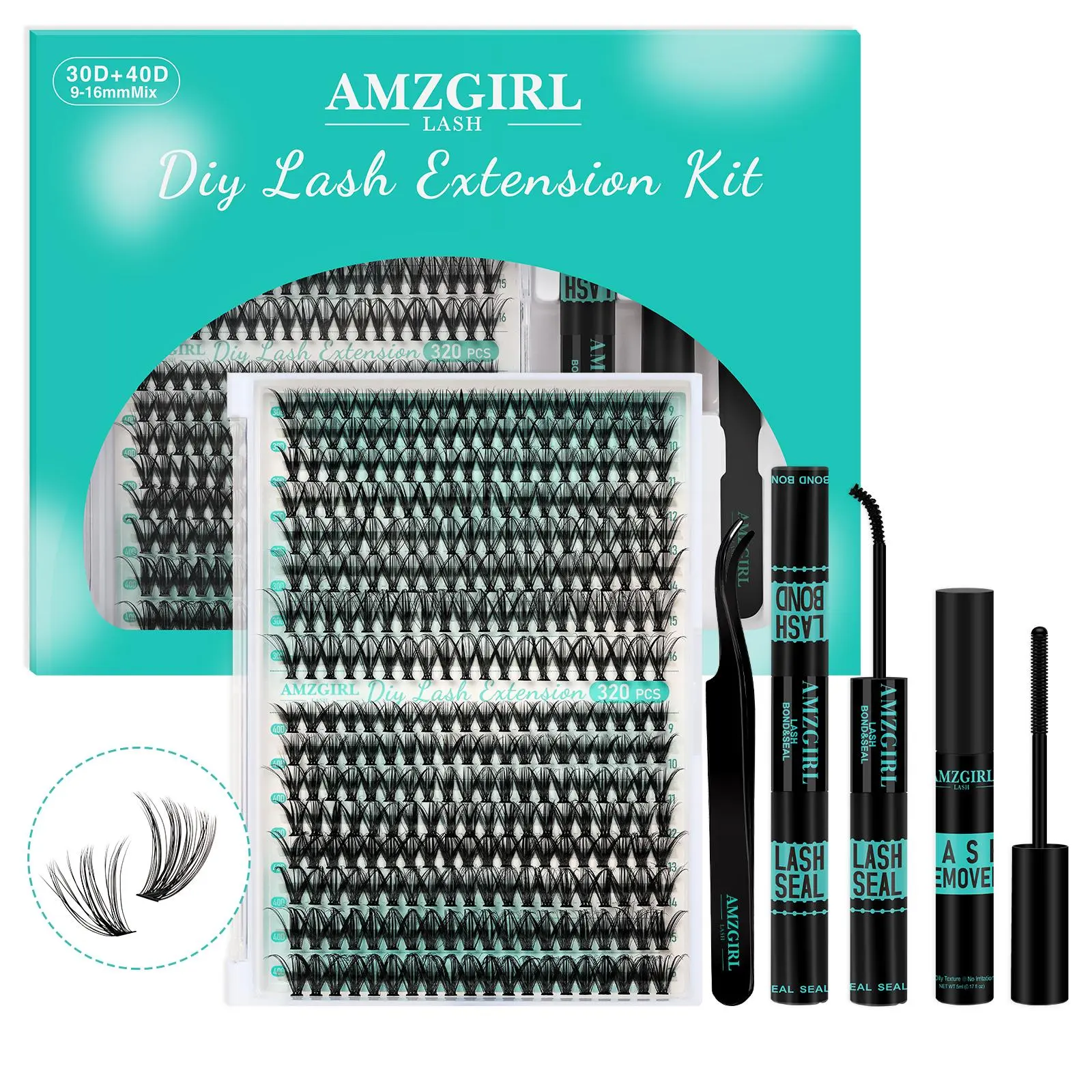 AMZGIRL LASH  DIY Cluster Lash Extension Kit 30D+40D 40+50D Eyelashes 320 Clusters Waterproof Bond and Seal DIY Lash Extensions Lash Clusters Waterproof Lash Clusters Kit  Makeup Cosmetic for Summer Outfits & Vacation Looks