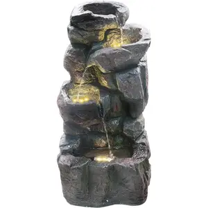 [Deals For You] Summer garden 4-Tiers Cascading Rock Outdoor Water Fountain with LED Light, Standing Cascading Water Feature Faux Stacked Stones Waterfalls Decor for Garden Patio Yard and Lawn (Deep Grey)
