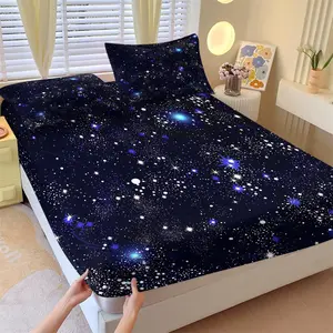 Cosmic Starry Sky Galaxy Themed Fitted Sheet Set & 2 Pillowcases No Core, Navy Blue Base with Blue White Purple Stars Clouds Comets Design, Soft Non-Slip Wrinkle-Resistant, Mystery Dreamy Room Decor Gift Choice