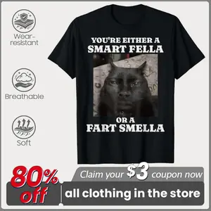 You're Either A Smart Fella Black Cat Graphic T-Shirt, Classic Grumpy Cat Photo Printed Casual Short Sleeve Cotton Tee, Hilarious Sarcastic Pet Statement Apparel, Stylish Daily Wear Top, Unique Cat Lover Wardrobe Essential Shirt