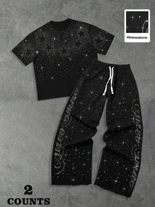 Men's Two-Piece Set, Full Body Rhinestone Embellishment, Star-Studded Short Sleeve Top, Gothic Pattern Pants, Luxury Street Casual Style