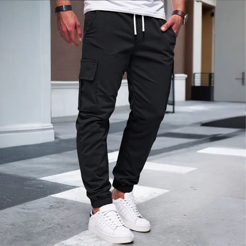Men's American Workwear Jogger Pants - Side Flap Pockets, Adjustable Drawstring Waistband, Elastic Cuffs, Lightweight Wrinkle-Resistant Solid Color Fabric, Versatile for Commuting, Outdoor Activities
