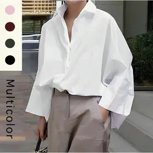 Women's Polyester Collared Long-Sleeve Lapel Blouse, Loose Oversized Fit Multi-Colored Top, Versatile for Commuting, Office & Fall Occasions, Chic Casual All-Season Wear