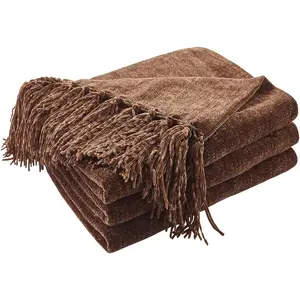 Chenille Throw Blanket for Couch, Cozy Plush Fuzzy Decorative Dark Brown Blanket with Fringe Tassels, Lightweight Throws for Bed Sofa   Decor, 60"X80"