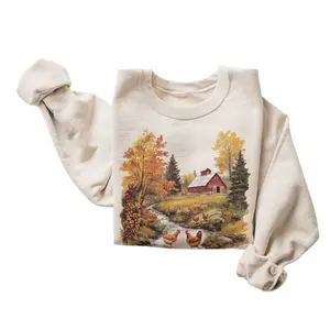 The Retro Chickens & Red Barn Farm Fall Creek Scene Sweatshirt, 90's Vintage Backyard Chicken Farmer Outfit,  Boho Unisex Crewneck Sweatshirt,  Menswear Top, Womenswear Top Underwear Streetwear