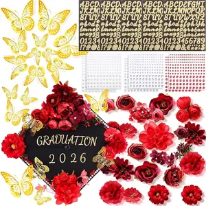 DIY Graduation Cap Decorations Kit Included Faux Flowers 3D Butterfly Self Adhesive Rhinestones Glitter Alphabet Letter Stickers for 2026 Grad Cap Topper Party Gifts Decor(Red)