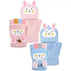 L-BN007   2 Pairs Winter Kids Fingerless Gloves Toddler Finger Mittens Knit Convertible Half Finger Mitten Flap Aged 3-10(Blue, Light Pink,Rabbit)