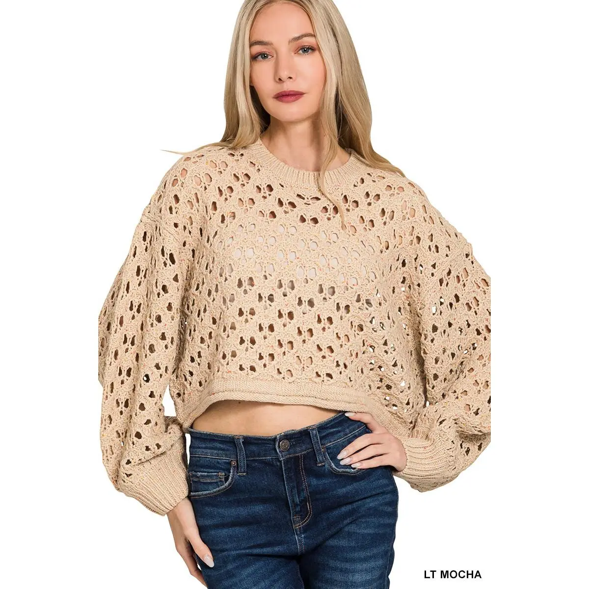 Zenana Oversized Cropped Crochet Knit Sweater