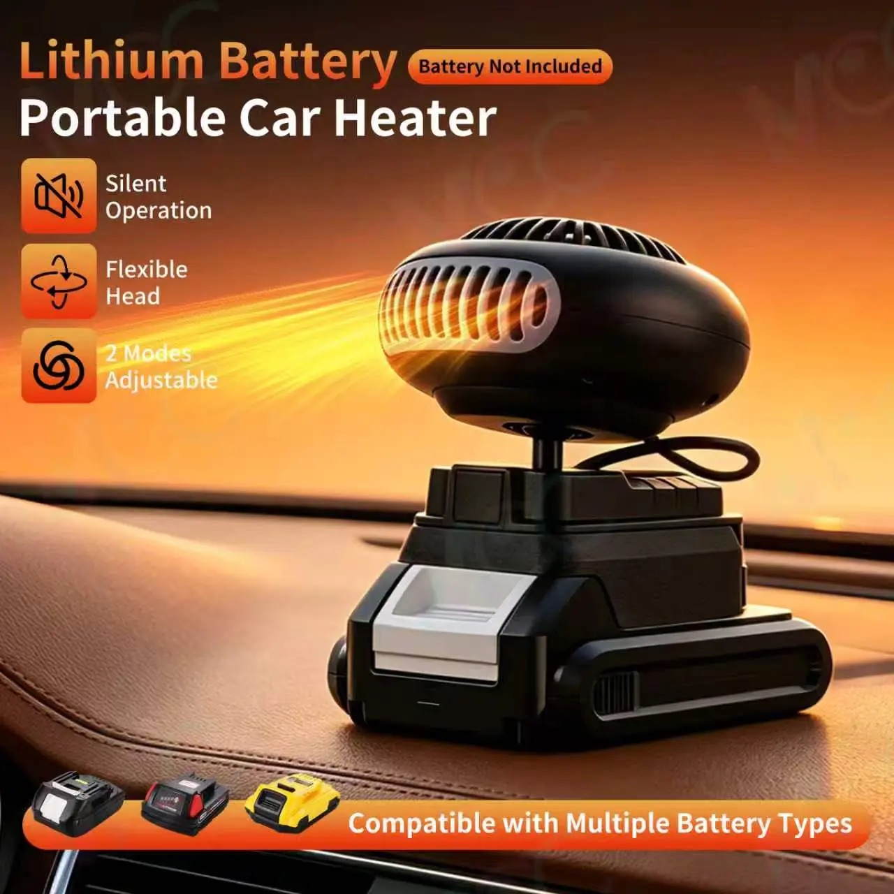 Portable Cordless Car Heater, Battery Powered Car Defroster Heater with Flexible Rotatable Head, 2 Heating Modes Silent Fast Heating Car Heater for Windshield Defog, Compatible with Multiple Tool Batteries(Battery Not Included)