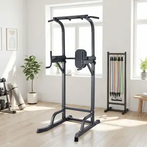 Power Tower Pull Up Bar Dip Station, Adjustable Height Home Gym Equipment, Heavy Duty Strength Trainer with 880 Lbs Capacity,  Heavy Duty Strength Training Tower with Backrest & Elbow Pads for Full Body Workout
