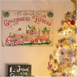 Gingerbread Train Sign, Pink Christmas Bakery Sign Shabby Chic Tin Sign Cafe bar Home Wall Art Decoration Poster Retro Metal Tin Sign 8x12 inch