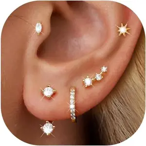 6 Pairs 14K Gold Plated Stud Earrings for Women, Hypoallergenic Cartilage Earrings for Multiple Piercing, Dainty Small Stackable Earrings Set for Jewelry Gift