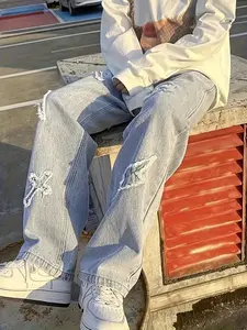 Men's jeans patch lightning jeans men's loose jeans worn-out jeans print embroidery