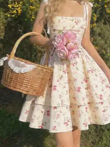 Tween Girl Spaghetti Strap Bow Cute & Elegant, Ruched Waist A-Line Layered Ruffle Ditsy Floral Mesh Tea Party Dress, Suitable For Spring/Summer, Vacation & Holidays