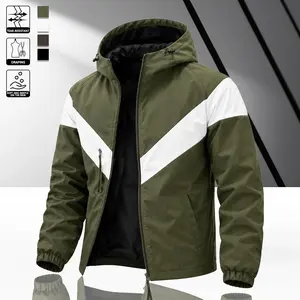 Men’s army green and white color-block hooded windbreaker made from tear-resistant, skin-friendly fabric, featuring eye-catching diagonal contrast stripes and an adjustable drawstring hood, suitable for hiking, commuting, and streetwear.