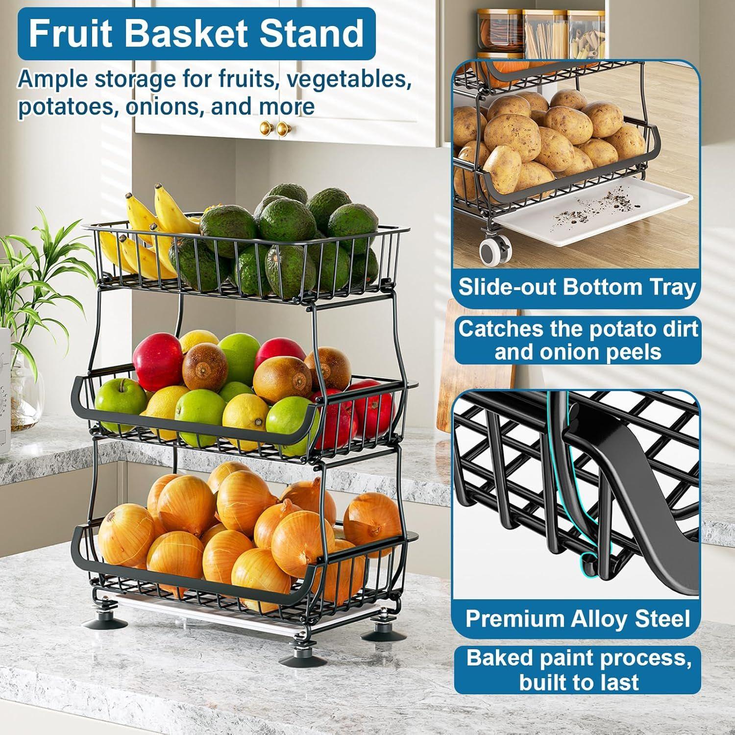 3-Tier Rolling Pantry Floor Organizer and Storage Cart with Wheels, Stackable Wire Pantry Baskets for Pantry Shelves, Kitchen Fruit Basket Stand and Storage Rack for Fruit Snack Onion Potato