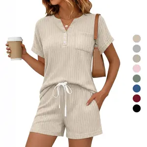 Yousify 2 Piece Short Sets for Women Summer 2026 Lounge Short Sleeve Henley Outfits Sweatsuit with Pocket