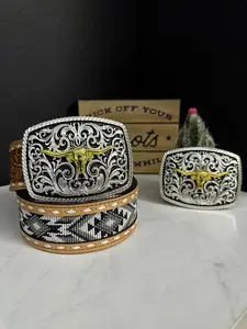 Engraved Long Horn Horn Belt Buckle - Black & White Design with Gold Accents, Includes Two Buckles