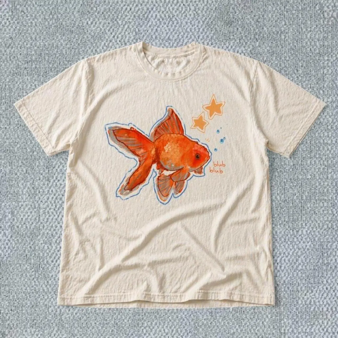 Goldfish T-shirt Vintage Cute Goldfish Blub Blub Graphic Tee, Retro Marine Life Cream Shirt, Loose Fit Unisex Top