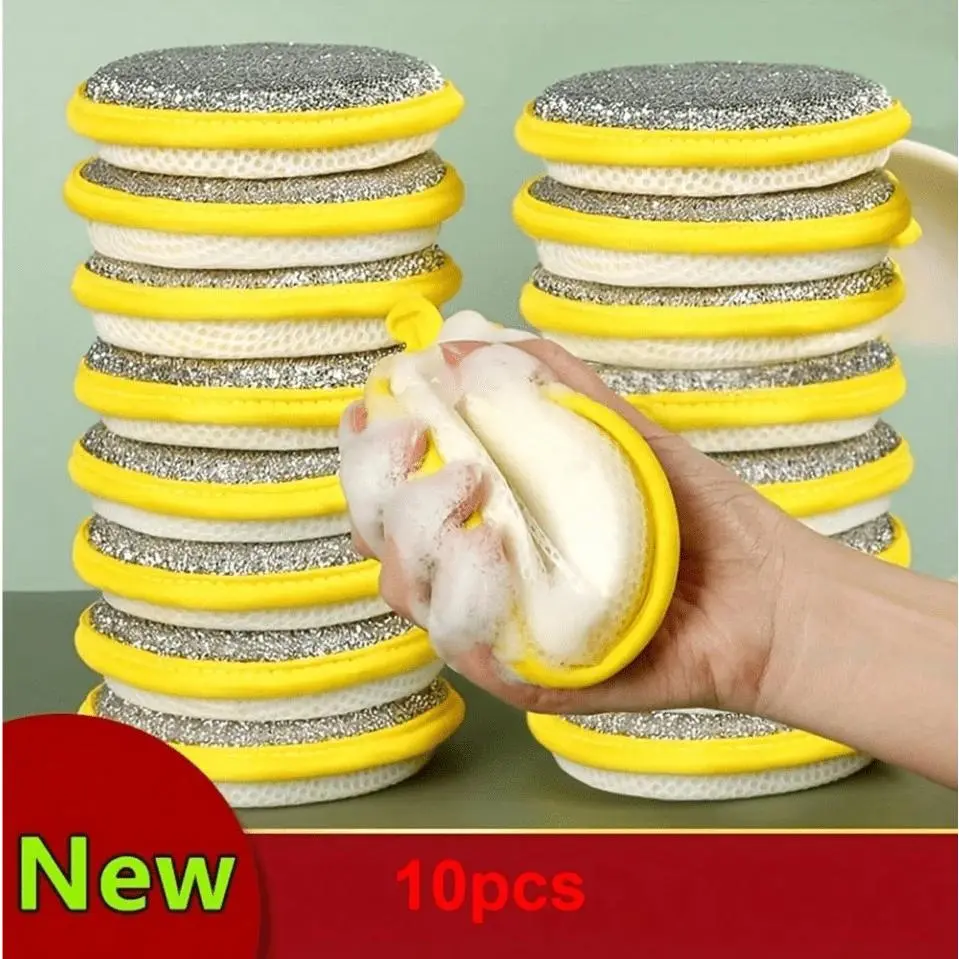 10-Pack Heavy-Duty Double-Sided Scrubby Cleaning Set - Synthetic Space-Saving Sponge Pads, Thick Soft Long-Lasting Pads, Steel Mesh, Dishwashing Brush, Rag (Yellow)