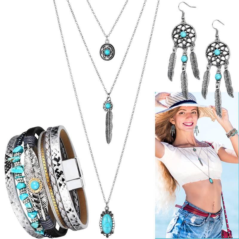3 Pcs Bohemian Western Turquoise Jewelry Set for Women Pendant Necklace Dangle Earrings Bracelet Gift for Christmas New Year Daily Wear