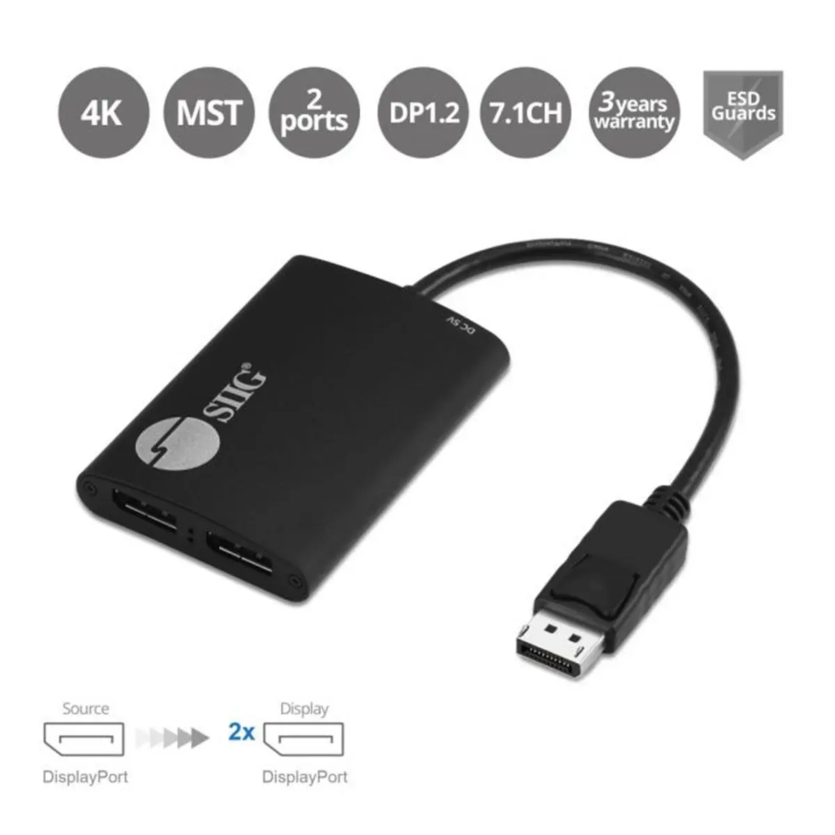 Siig CE-DP0H11-S1 1x2 DP 1.2 to DisplayPort MST Hub - Multi-Monitor Splitter with Micro USB, 0.2 lbs, 7.1-Ch Surround Audio, 3840x2160 Resolution, DP1.2 Compatibility, Dual Displays Support for Productivity Boost