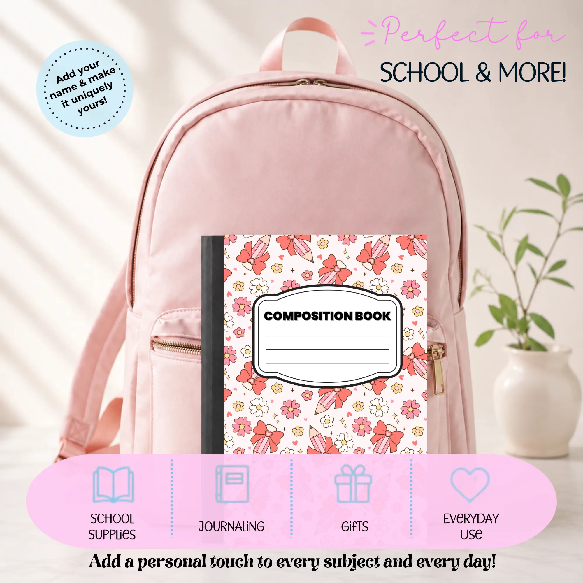 Custom Composition Book Cover or Finished Notebook, Laminated Personalized School Notebook, Wide College or Primary Ruled Girly