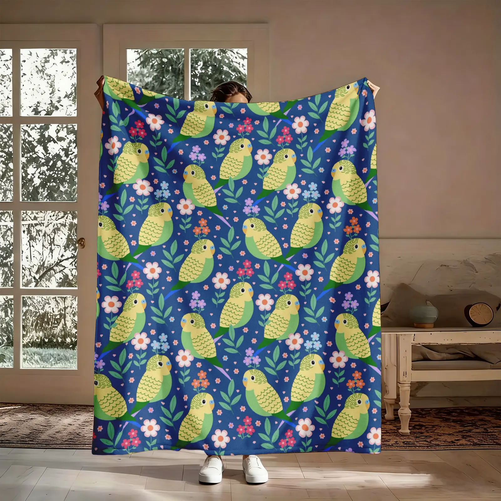 Tropical Parrot Floral Flannel Throw Blanket, Budgie Birds Pink Purple White Blossoms Navy, Soft Cozy Warm, for Couch Bed, Gift for Bird Lovers Her, Birthday Christmas, Aesthetic Vibrant Nature Decor, Flower Blankets, Bird Motif Blankets