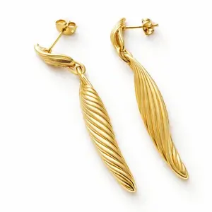Gold Tone Leaf Drop Dangle Earrings for Women Textured Long Statement Stud Earrings with Elegant Design