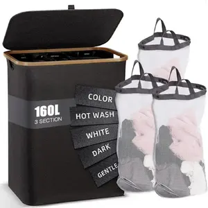 160L Bamboo Laundry Hamper Foldable Eco-Friendly 3 Sorting Bags Bedroom Laundry Organizer