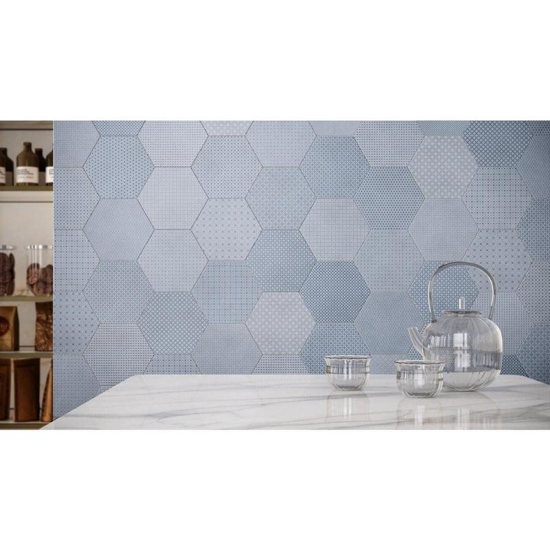 8.5 in Tapestri Denim Blend Hexagon Matte Pressed Glazed Porcelain Tile