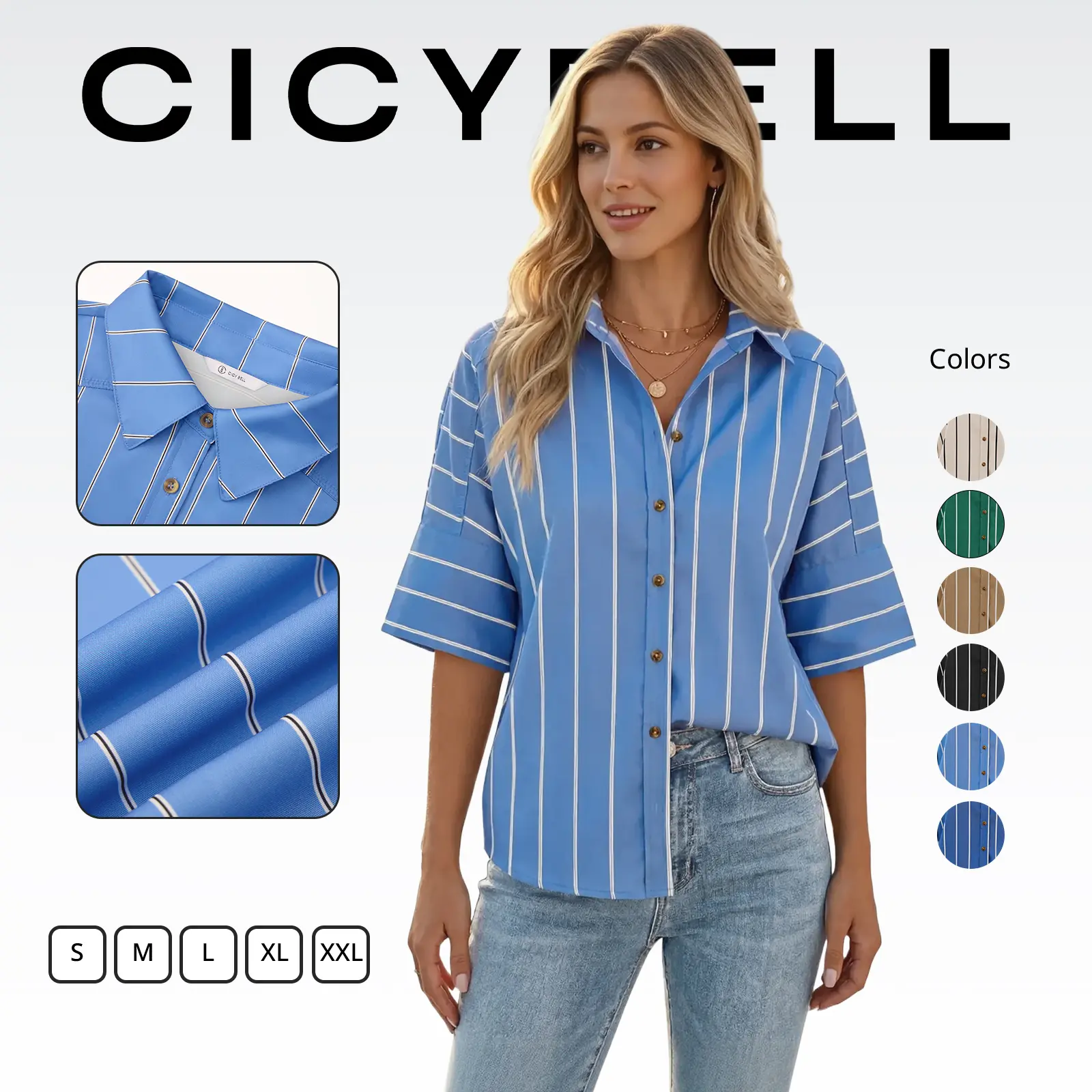 Cicy Bell Womens Striped Button Down Shirts Short Sleeve Collared Dressy Casual Loose fit Tops Work Office Blouses Cicy Bell Womens Striped Button Down Shirts Short Sleeve Collared Dressy Casual Loose fit Tops Work Office Blouses