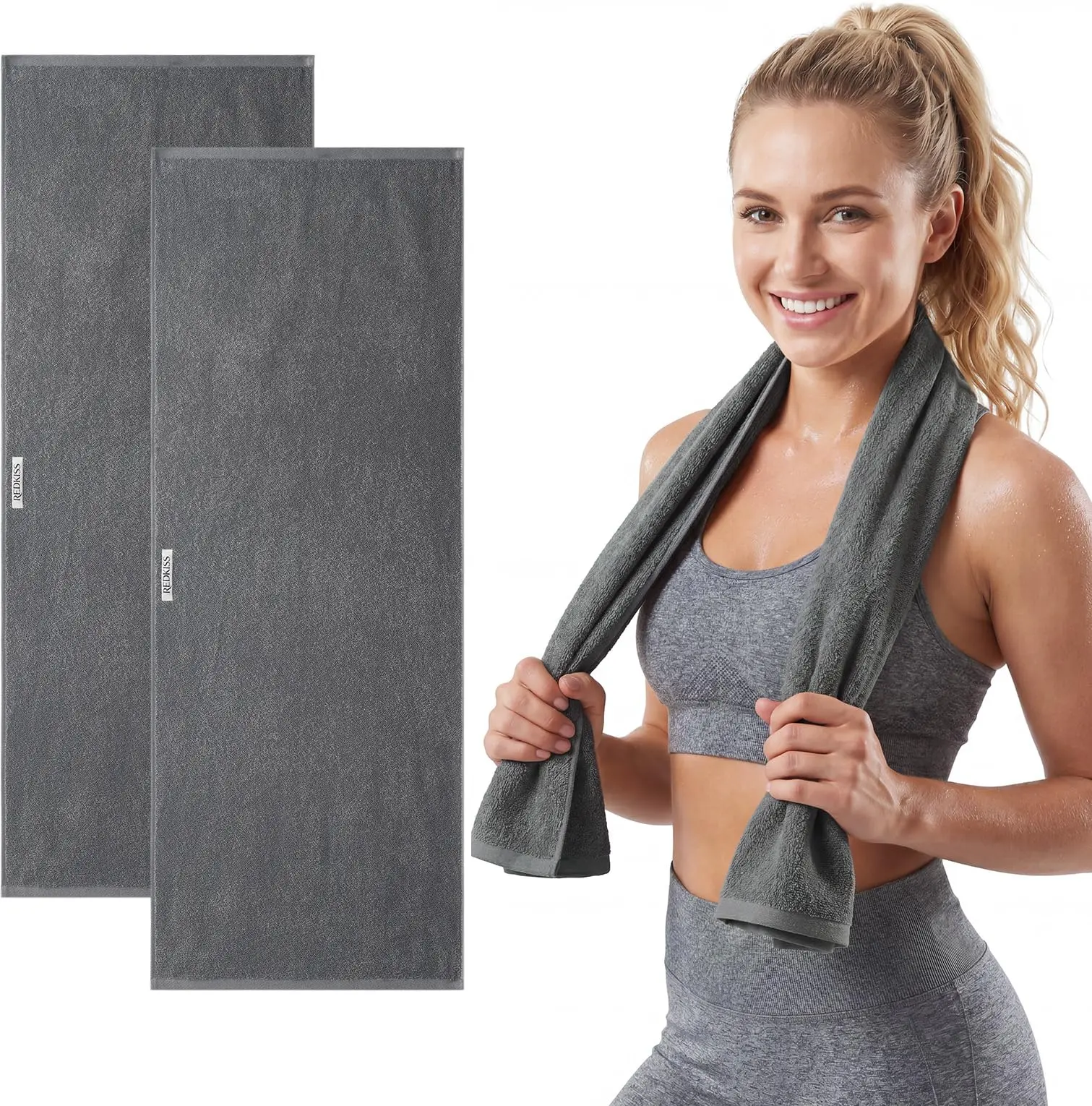 REDKISS 2 Pack Cotton Workout Towels, 43" x 16" Super Absorbent Soft Gym Towels for Men & Women, Large Sweat Sports Towel for Yoga Running Swimming Travel Camping - Dark Gray