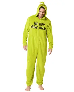 The Grinch Union Suit Men's Merry Grinchmas Zip Up Plush Hooded One Piece Loungewear