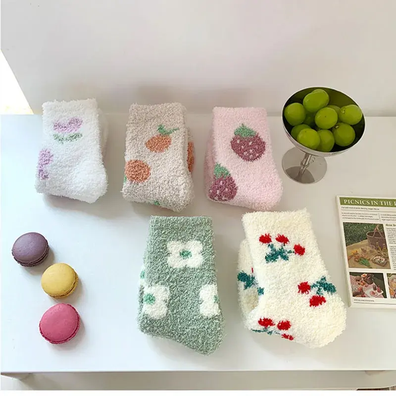 Cute Women's Winter Fuzzy Socks Coral Velvet Fruit & Floral Middle Tube Warm Sleeping Cozy Gift Cartoon Style Floral Pattern