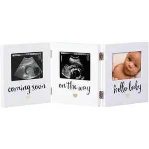 Triple Sonogram Keepsake Photo Frame, Gender Neutral Ultrasound Keepsake, Ideal Pregnancy Gift For First Time Moms, Baby Shower and Nursery Decor, 3.5”x2.5” Photo Insert, White